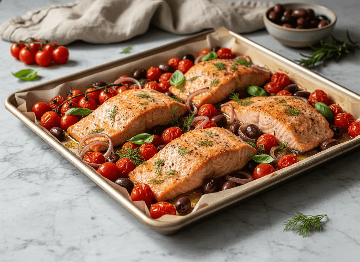 sheet-pan-greek-salmon-cherry-tomatoes-olives